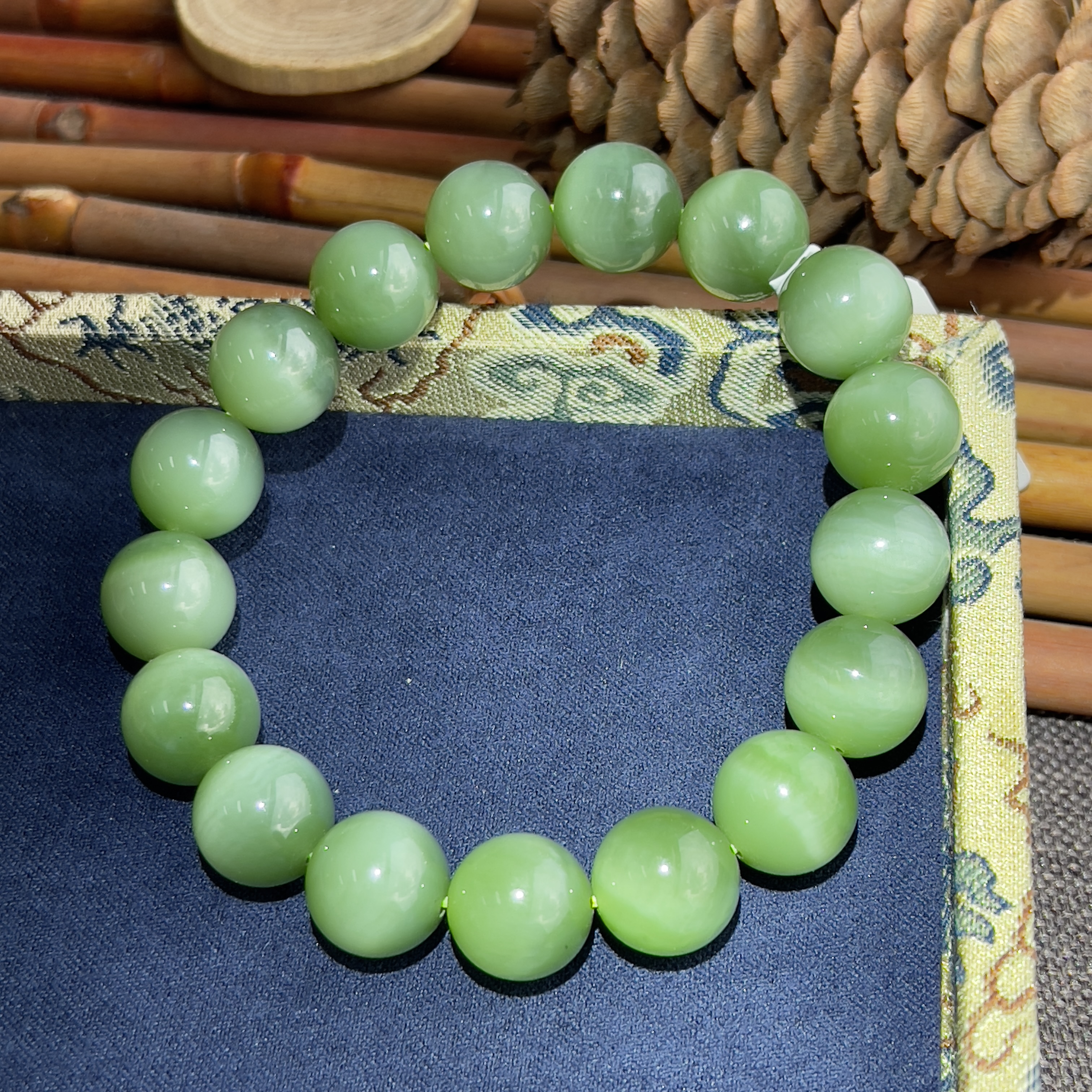 【扣子哥李想】和田玉冰底绿活猫手串 12MM LX09*5003*