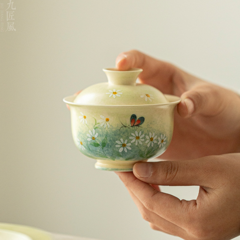 纯手绘盖碗釉下彩油画风雏菊单个泡茶器家用高档功夫茶具陶瓷茶碗