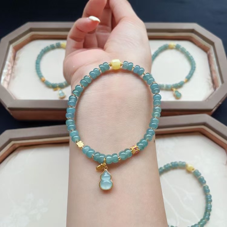 【巨伶石】蓝水翡翠算盘珠单圈5mm手串 搭银s925翡翠葫芦挂坠