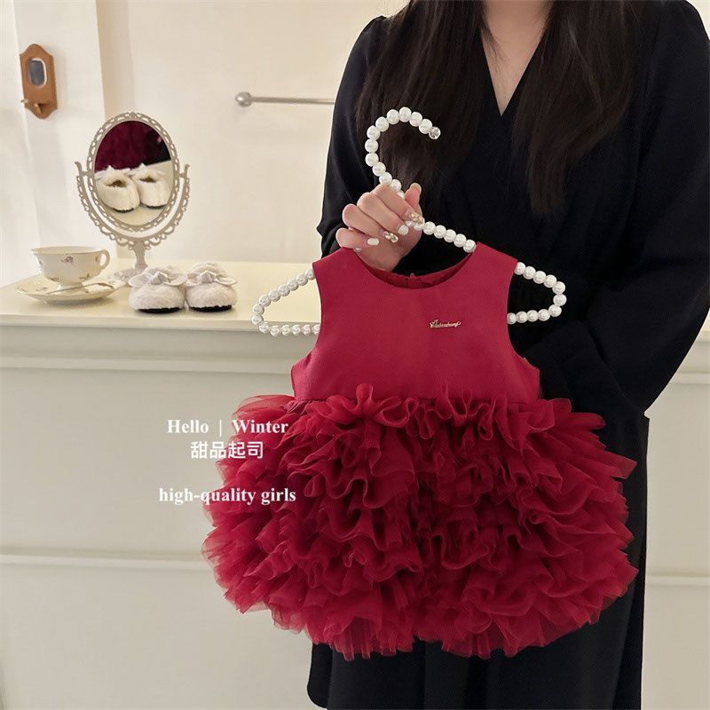 韩国宝宝周岁礼服裙百日女童抓周衣服背心连衣裙生日春秋装公主裙