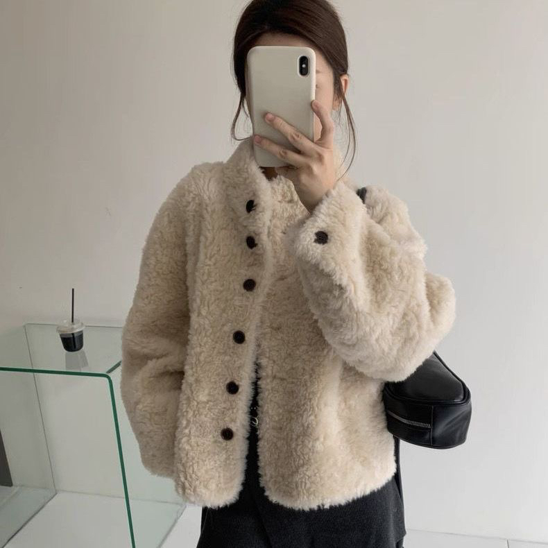 100绵羊羔毛韩系立领2025冬季新款羊剪绒皮毛一体皮草外套女短款