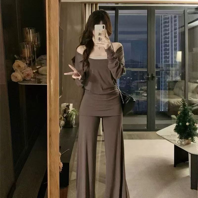 长袖打底衫女内搭秋季显瘦上衣休闲百搭直筒休闲裤女套装