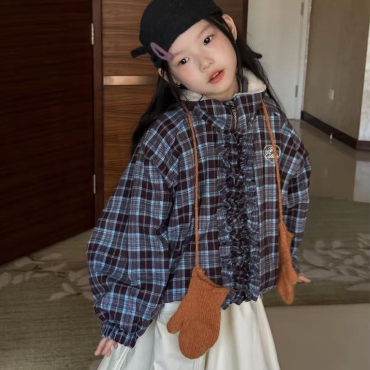 2025新款格纹拉链厚款冬季女童加绒加厚款外套棉服休闲风女