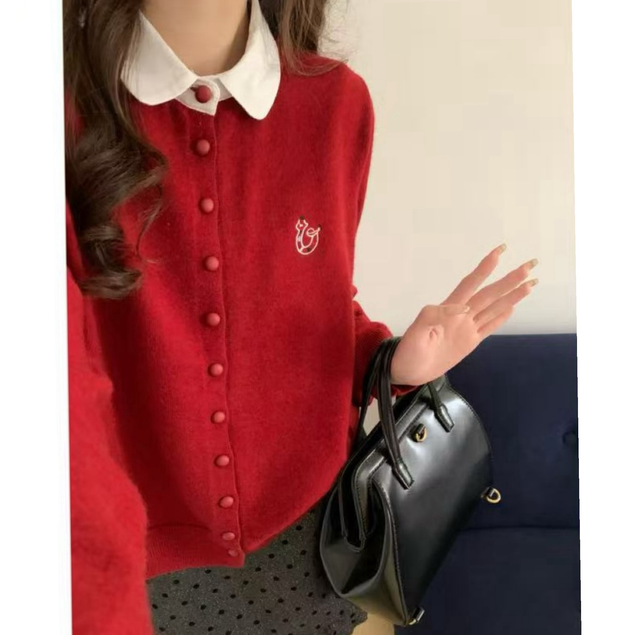 新新定制-Polo领图案字母款单排扣宽松休闲学院风针织开衫379333