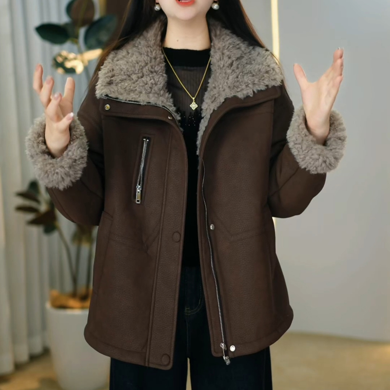 时尚气质皮毛一体外套女2025秋冬季新款修身显瘦加绒加厚保暖上衣