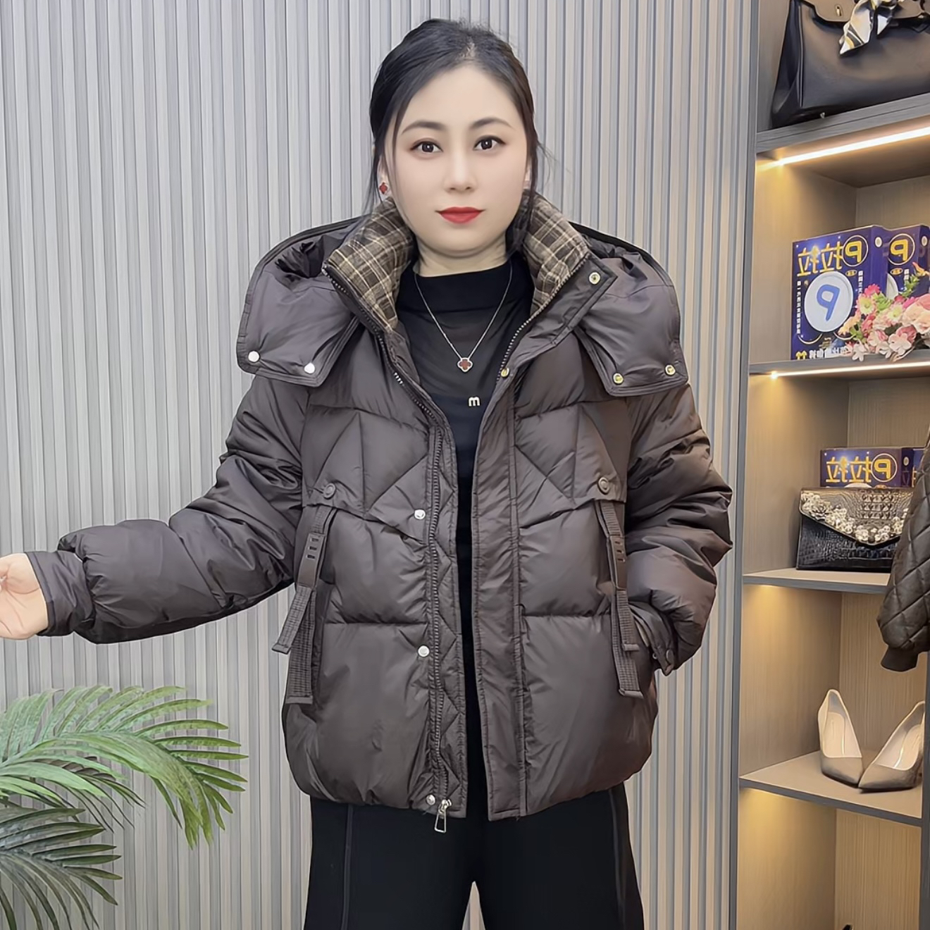 时尚休闲韩版拼接格纹连帽棉服