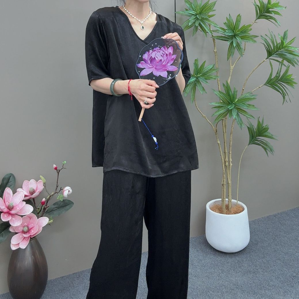 三姐家2025春款新中式净版盘扣短袖上衣+长裤套装