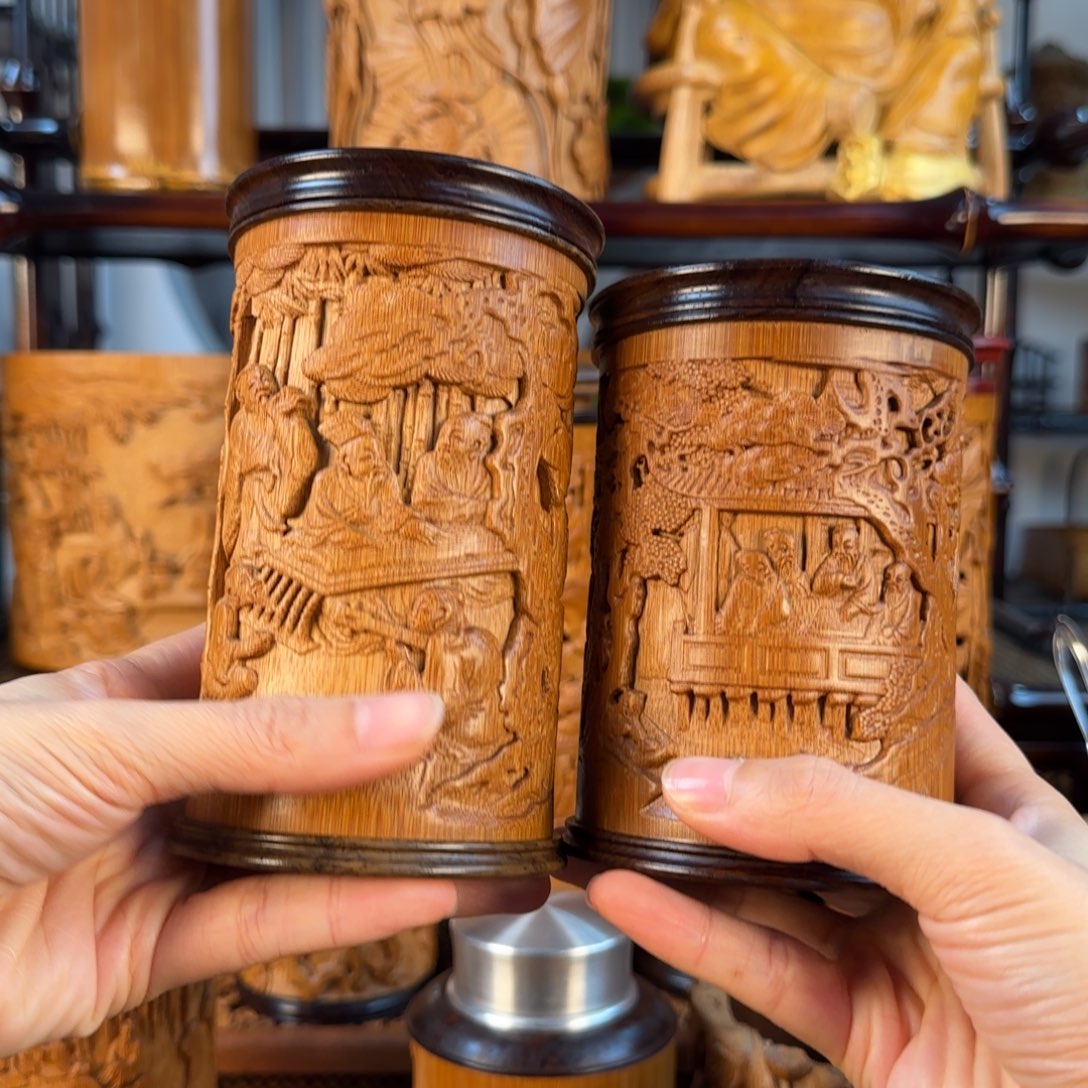 与***同手工竹雕茶叶罐两个