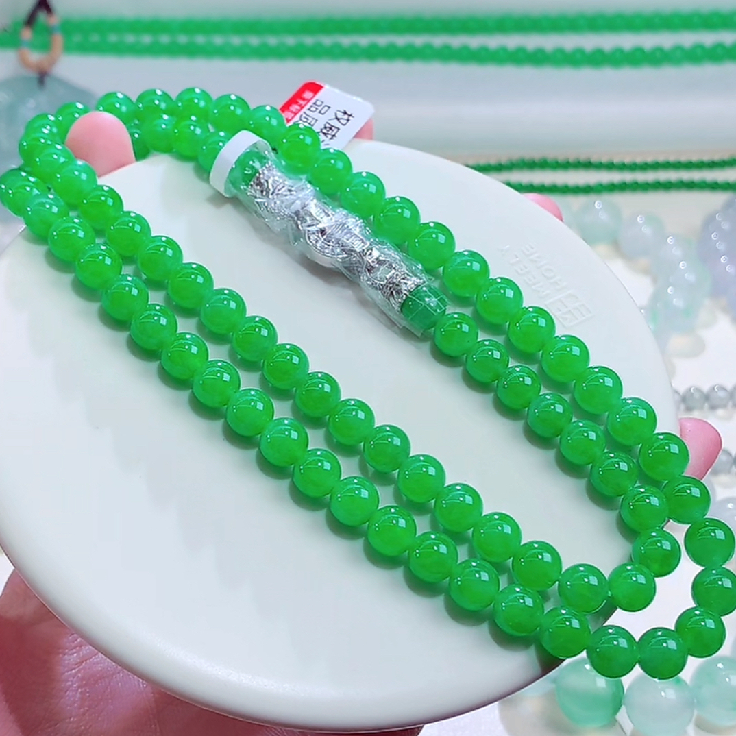 天然缅甸翡翠A货满绿阳绿圆珠珠链卡6-8mm