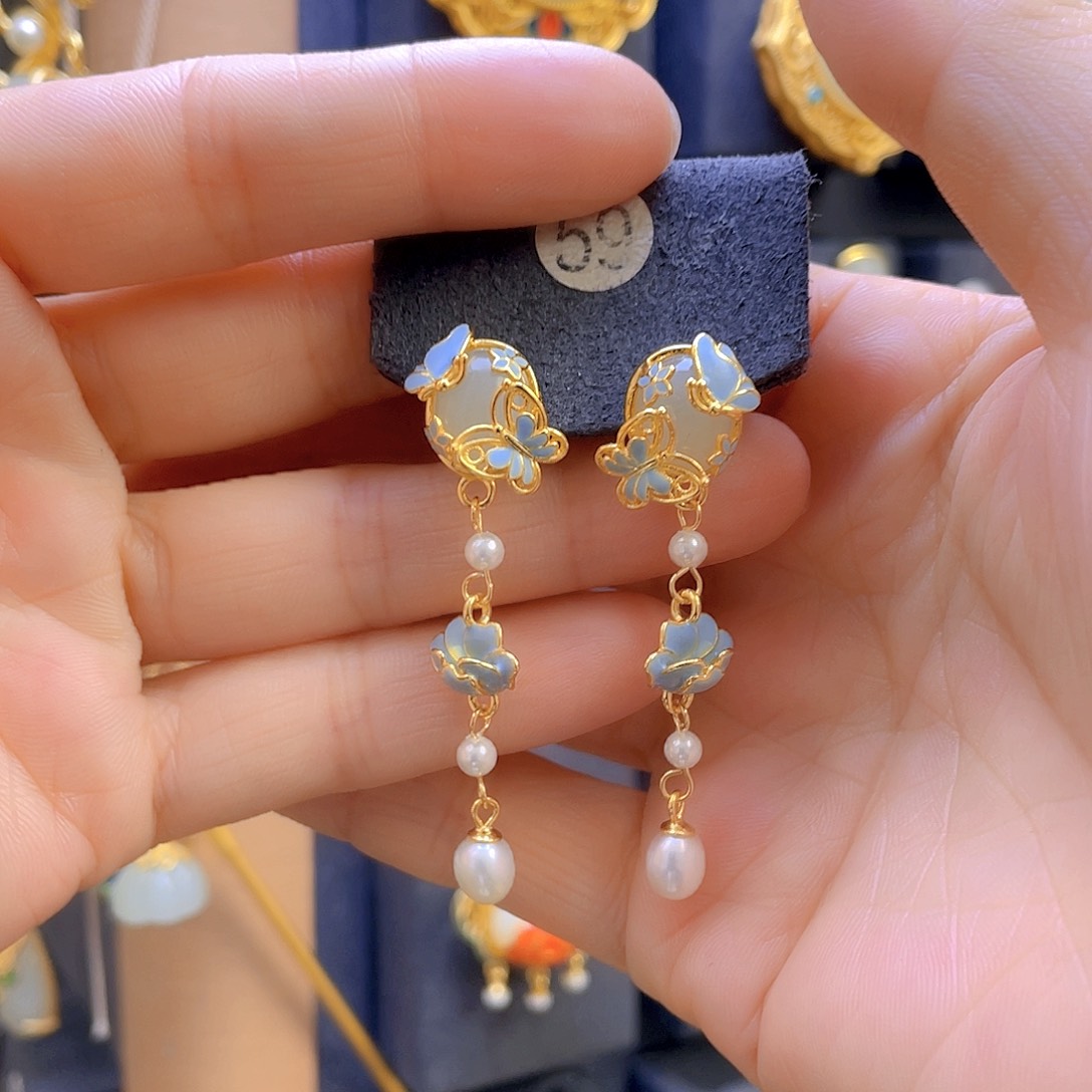 和田玉耳饰银S925镀金镶嵌