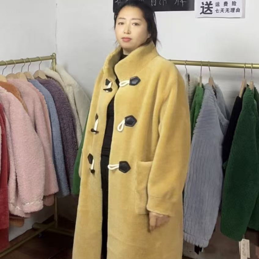 冬款颗粒绒羊毛加厚过膝立领韩版大衣时尚百搭女外套