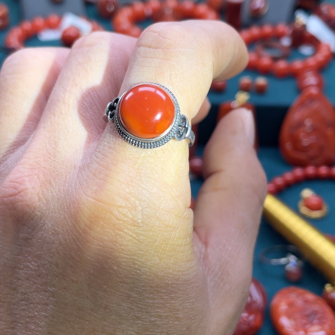 南红玛瑙银S925镶嵌川料南红戒指