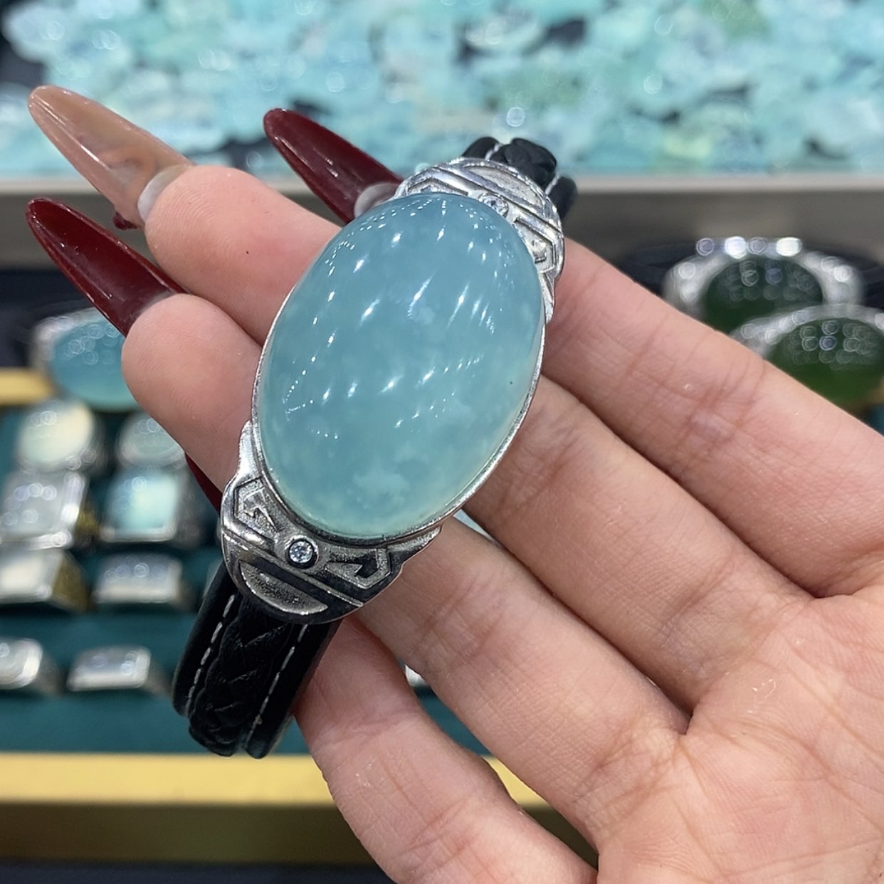 【闪购商品】蛇纹石玉手牌银S925镶嵌