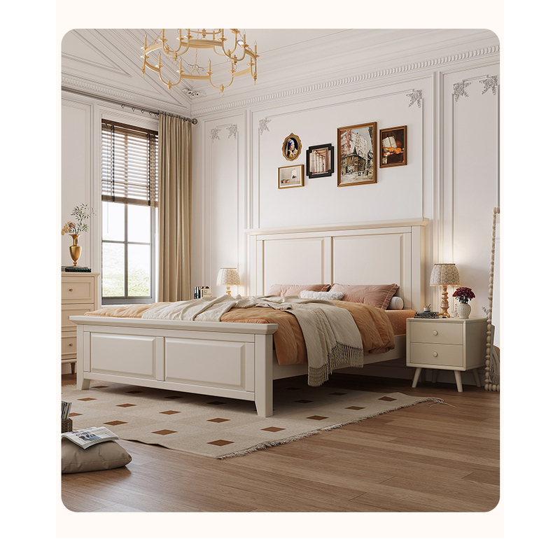 美式实木雕花系列榫卯大床轻奢松弛感简约奶油风白色家用储物高箱