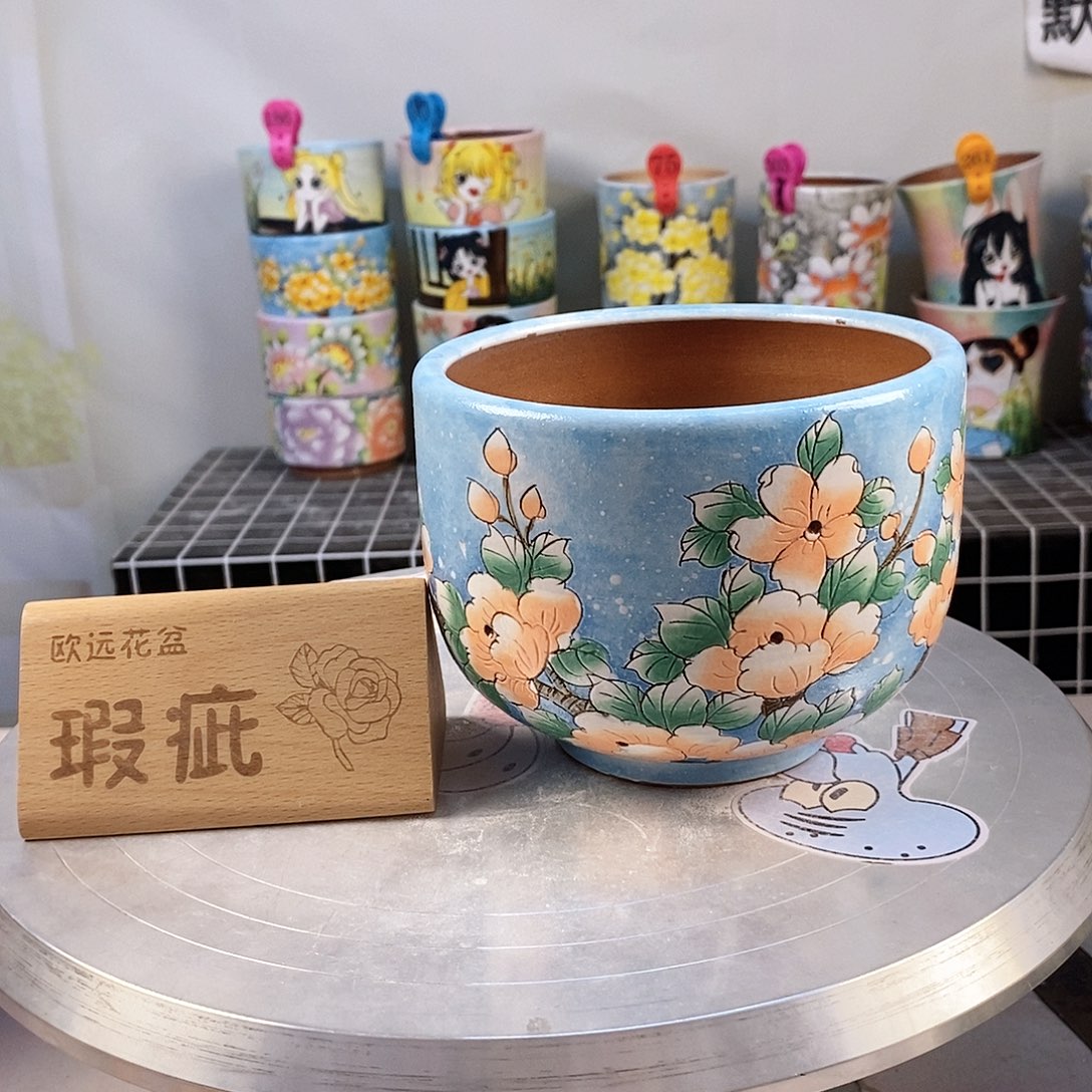 紫砂花盆红陶手绘花盆