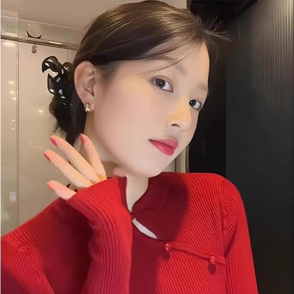 Ulzzang韩国新中式国风红色盘扣针织衫女春秋2025新款高级感毛衣