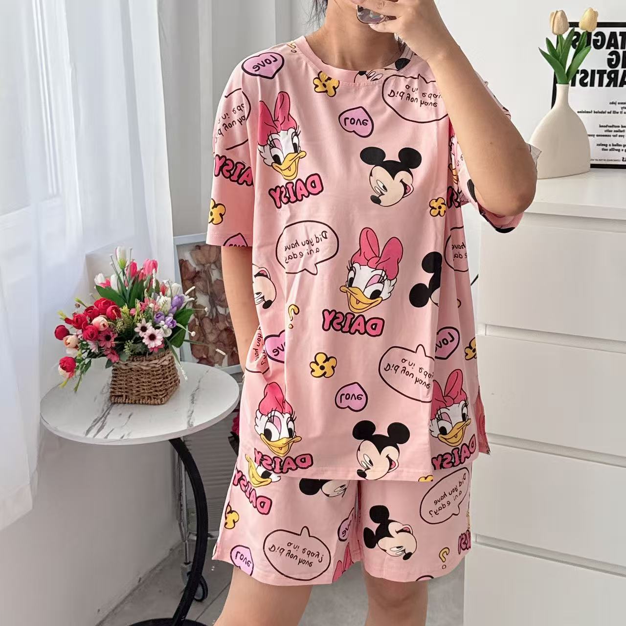 新品短袖短裤套装时尚休闲宽松睡衣女套装印花卡通运动家居服