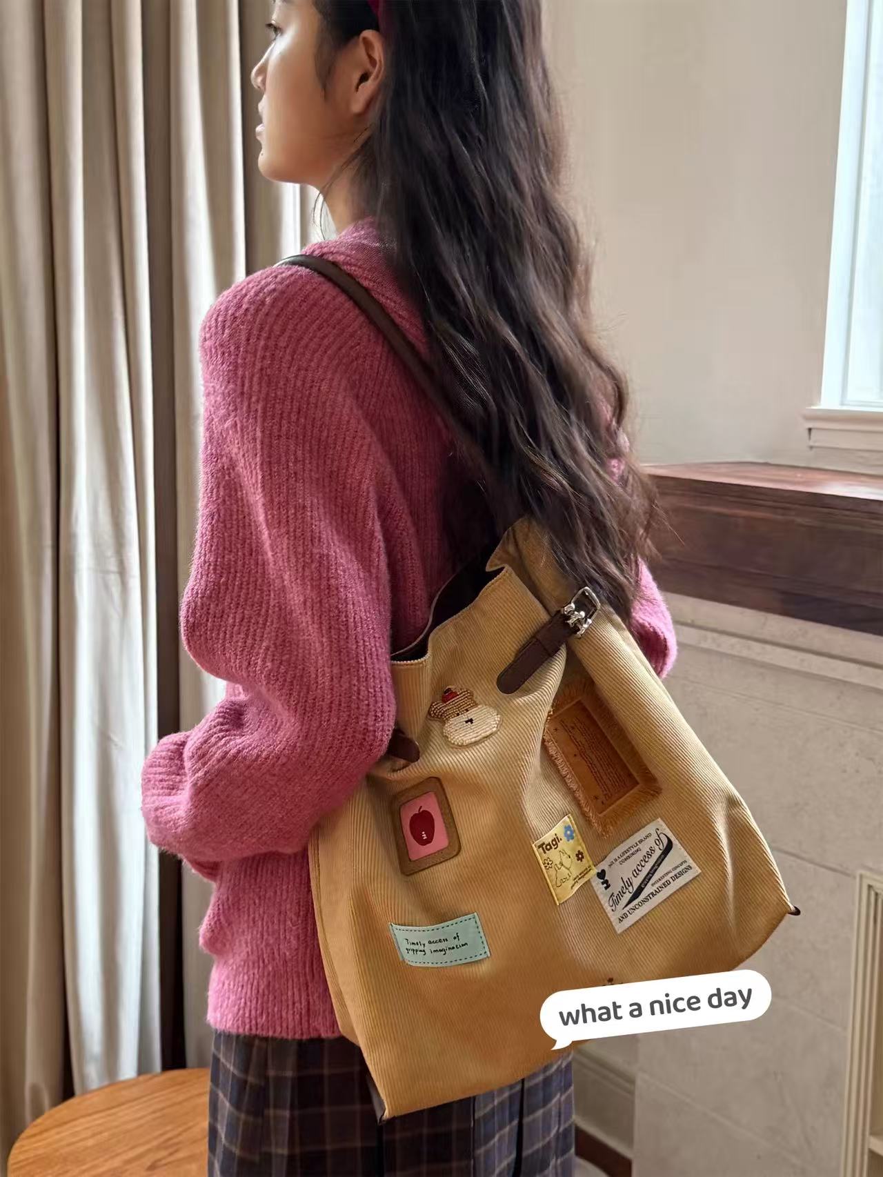 小慧 复古灯芯绒彩色方块大容量通勤托特包单肩包KH83