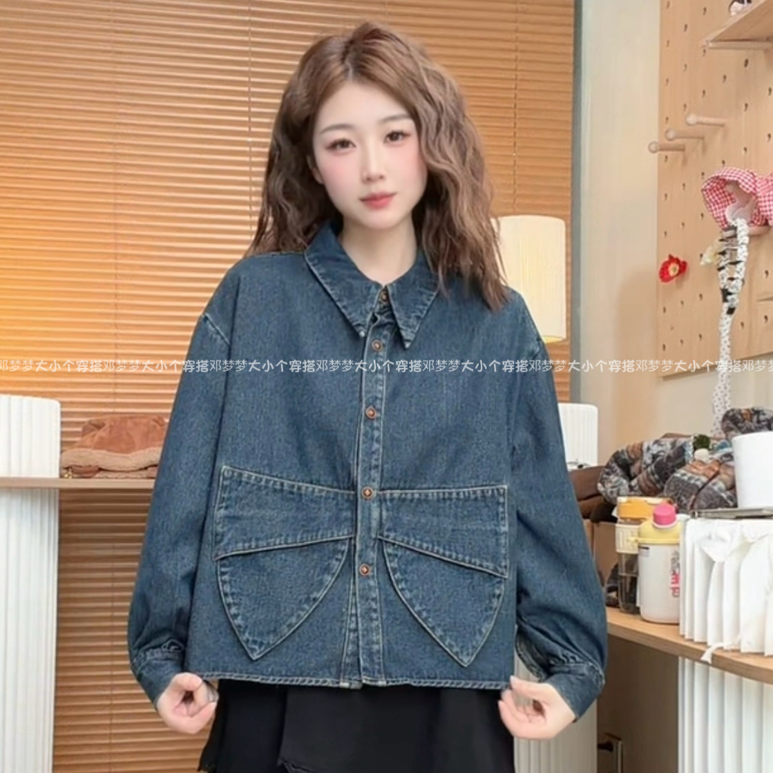 梦梦“蝴蝶泉边”原创牛仔蓝气质蝴蝶结口袋设计抓绒长袖衬衫女显瘦