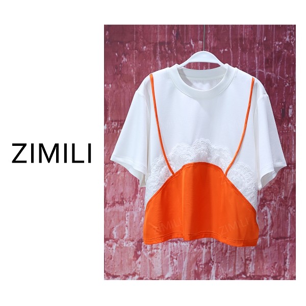 【亮哥女装】2025透气米白色撞色爱玛橙拼接时尚休闲T恤9277-C7