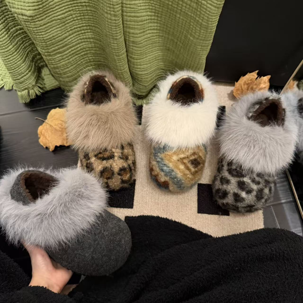 2025年冬新时尚百搭拼色设计款厚底增高两穿保暖围毛包头毛毛鞋