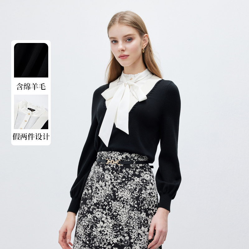 【含羊毛】Scofield女典雅假两件撞色针织衫2025秋季新款SFKWE1C030