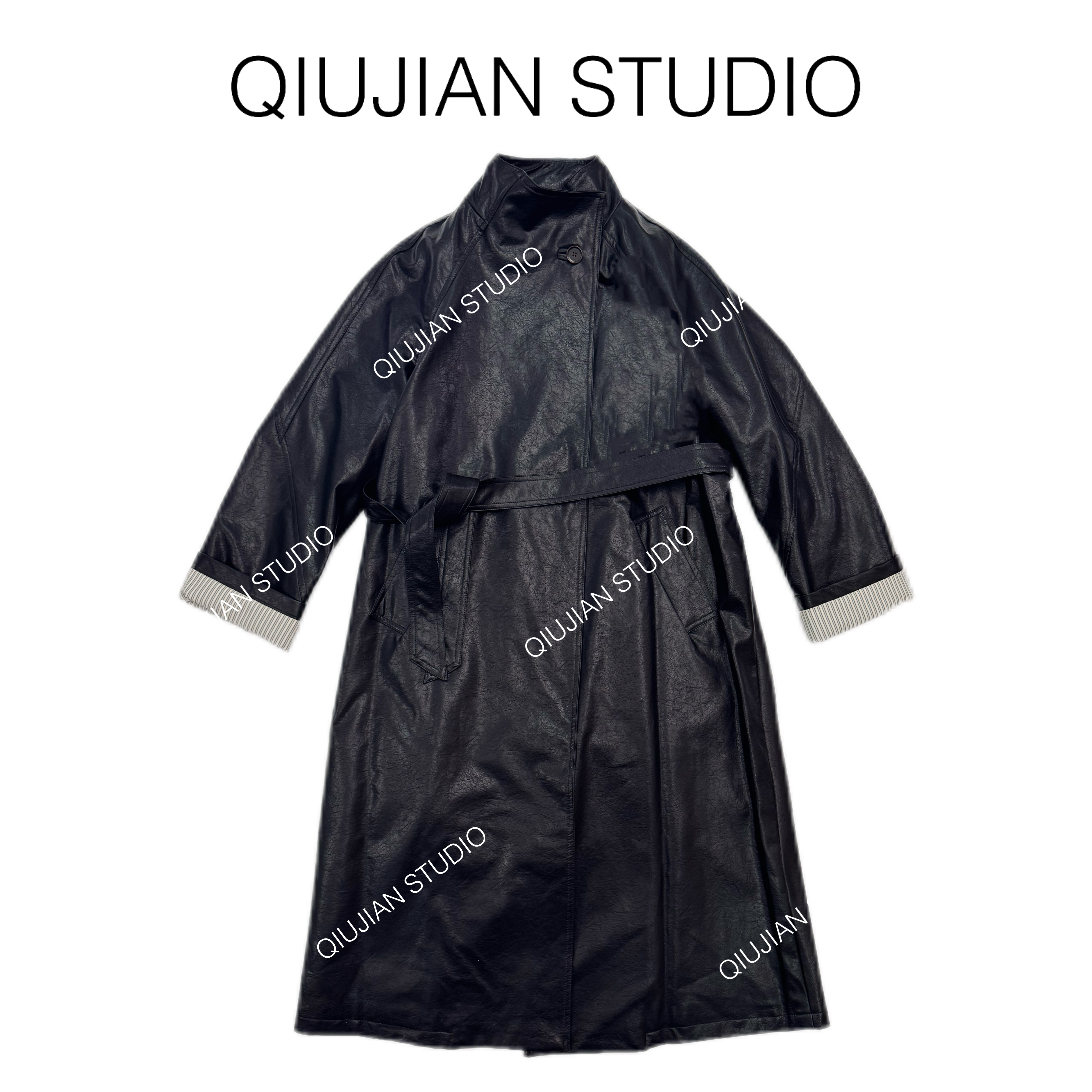 QIUJIAN【爵士酒廊】HB-SW-001翻袖撞色系带长款过膝pu皮风衣外套