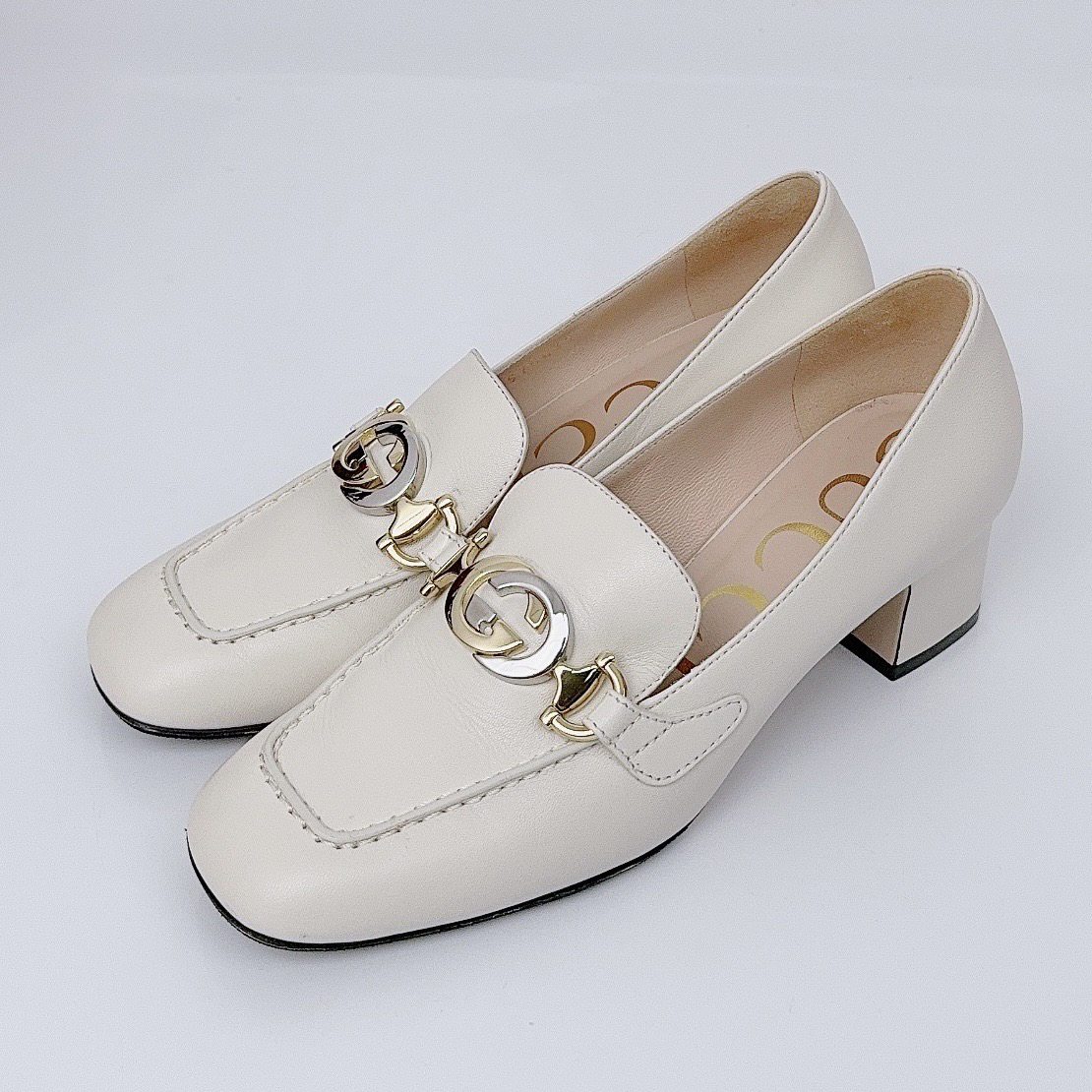 99新 GUCCI/古驰 35.5码/双G粗跟皮鞋/98新/ff1941