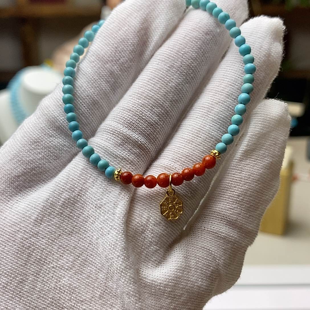 绿松石A1精品米珠手串卡3+银S925镀金镶嵌