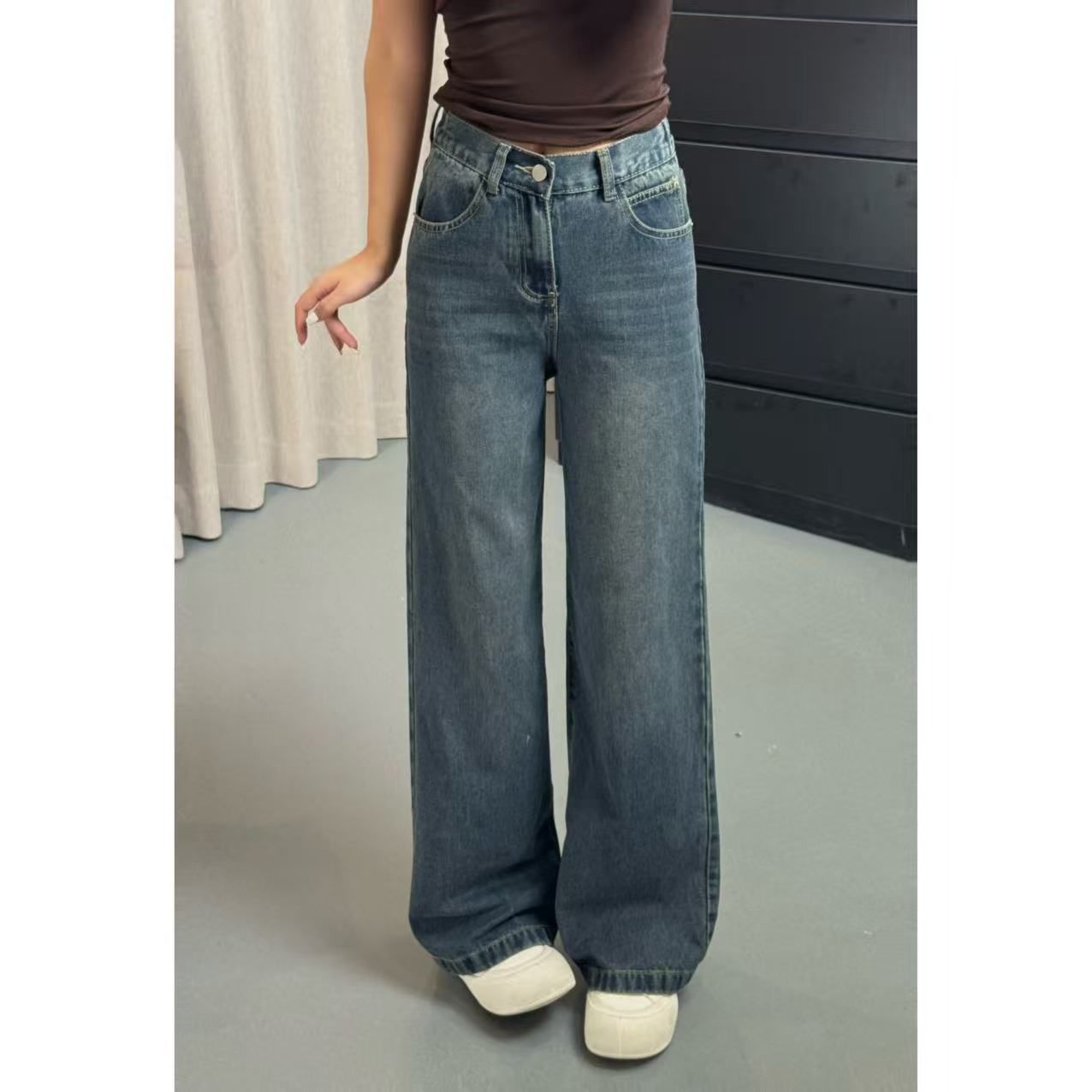 1882水泥灰】新款秋冬松紧腰显瘦牛仔裤女拖地裤宽松大码胖MM200