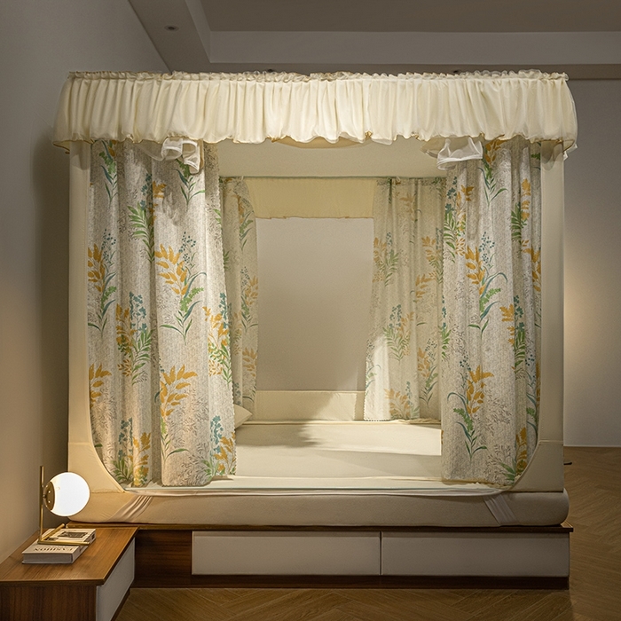 家用卧室全封闭回底坐床三开门防摔强遮光花边蚊帐防蚊一体式保暖