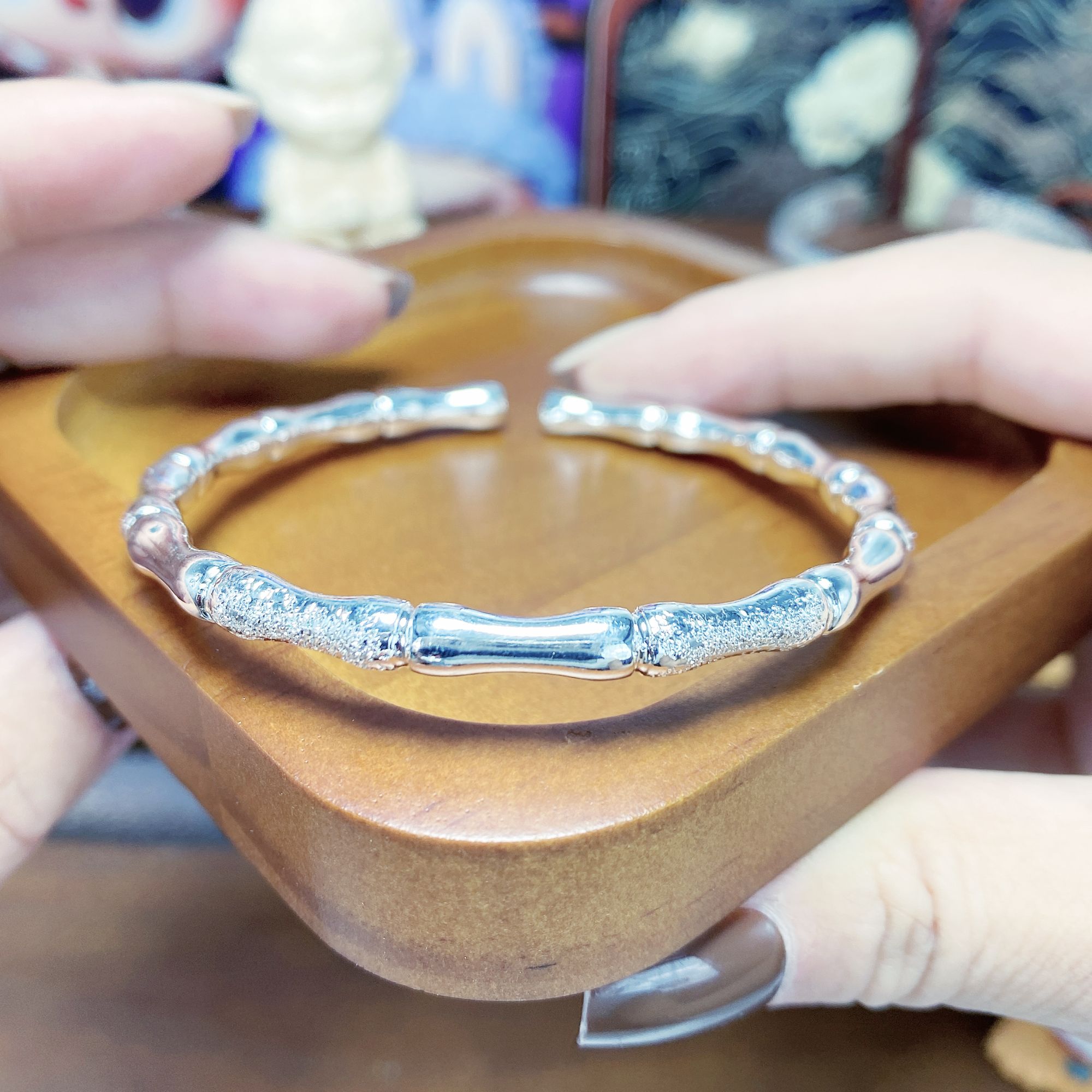 足银手镯 4号【竹节】足银999手镯女纯银步步高升磨砂开口手镯25克