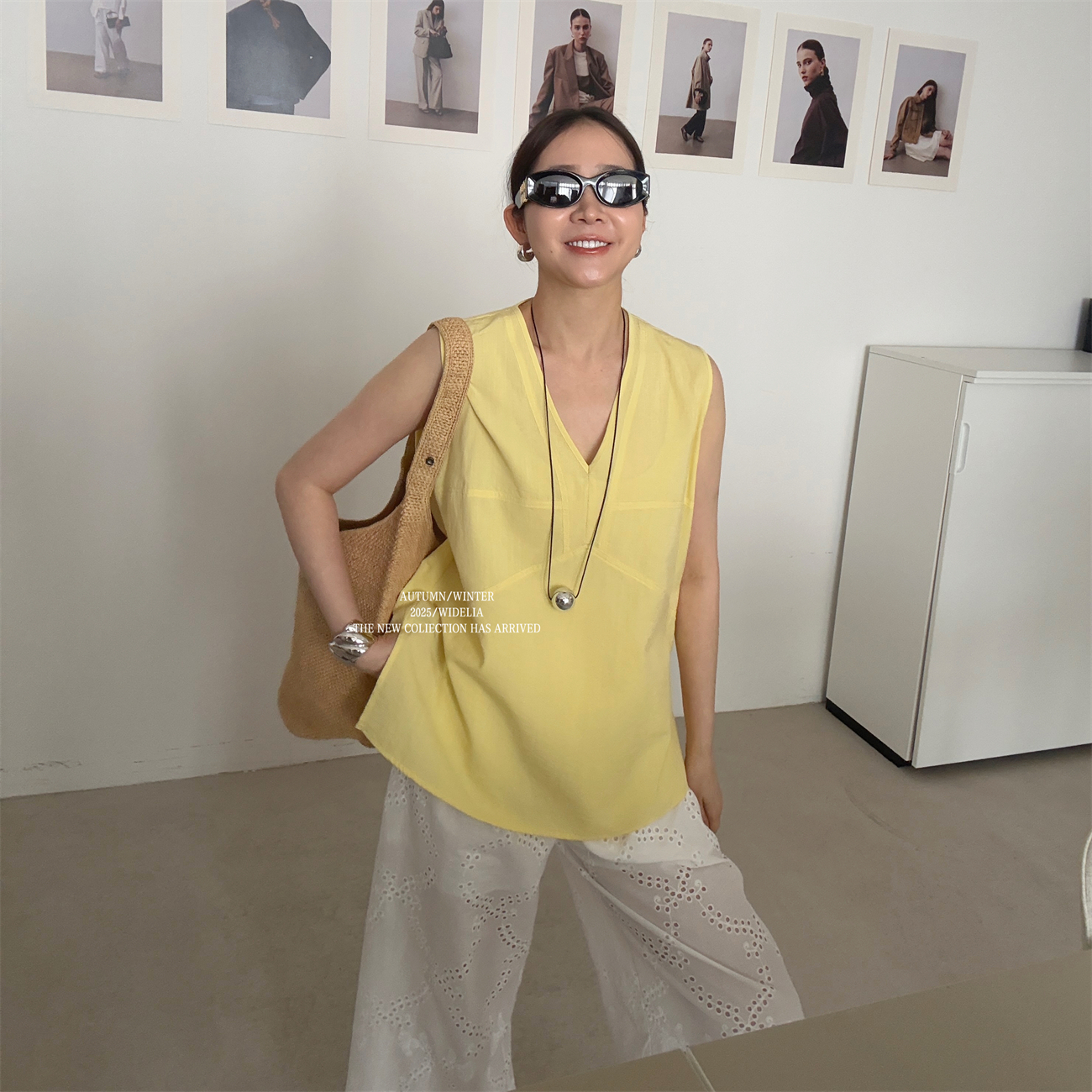 widelia夏季7201韩版V领无袖背心外穿气质显瘦宽松简约休闲上衣