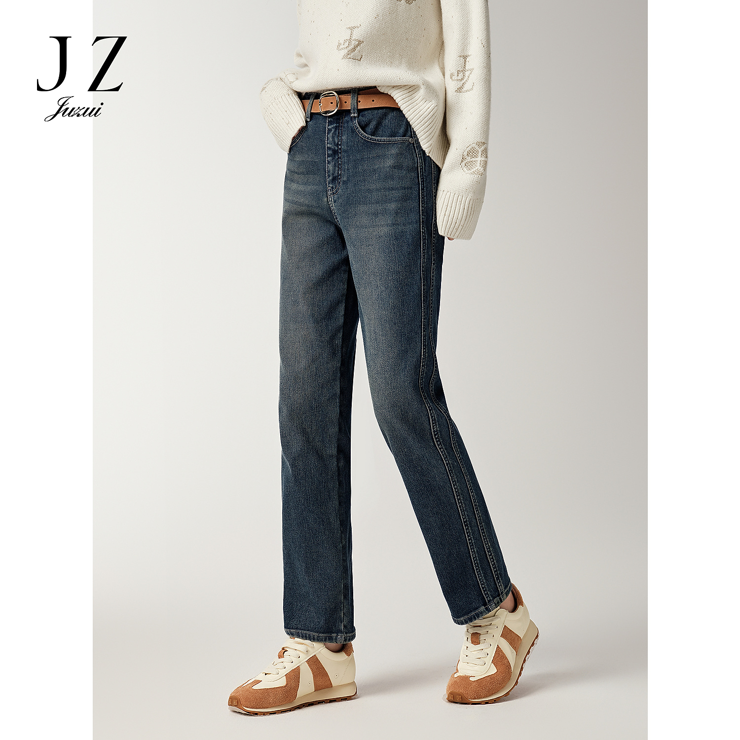 JUZUI玖姿加绒直筒牛仔裤女2025冬季新款休闲简约通勤风JTFD12101