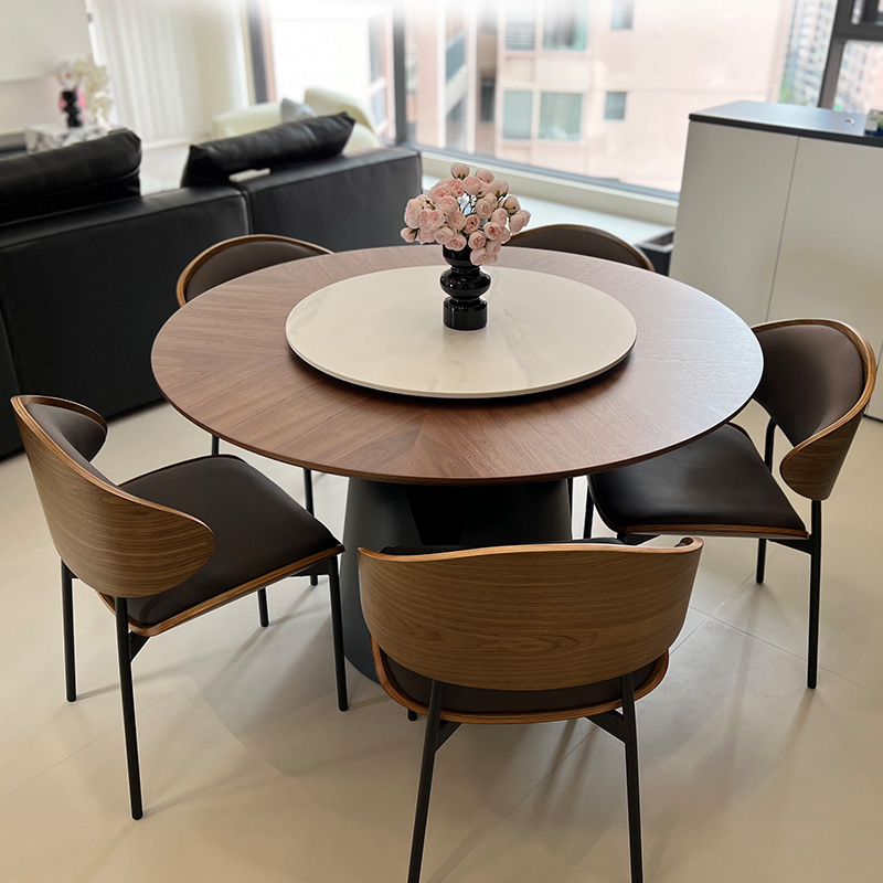 实木圆形餐桌椅2025新款中古风法式复古家用小户型黑胡桃拼花饭桌