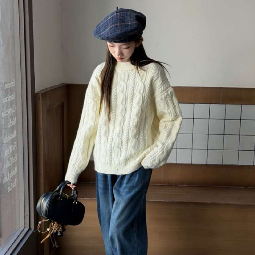 85Q10秋冬新款韩版宽松慵懒风圆领套头毛衣设计感小众针织衫上衣