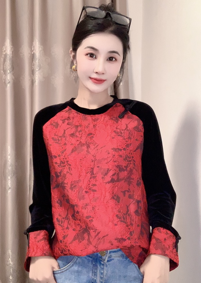 060新中式秋冬高级丝绒拼接提花时尚气质上衣