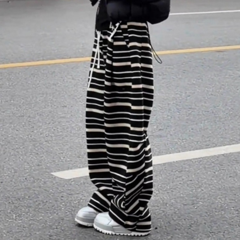 时尚慵懒风条纹抽绳休闲裤2025冬季新款加绒显瘦宽松阔腿裤