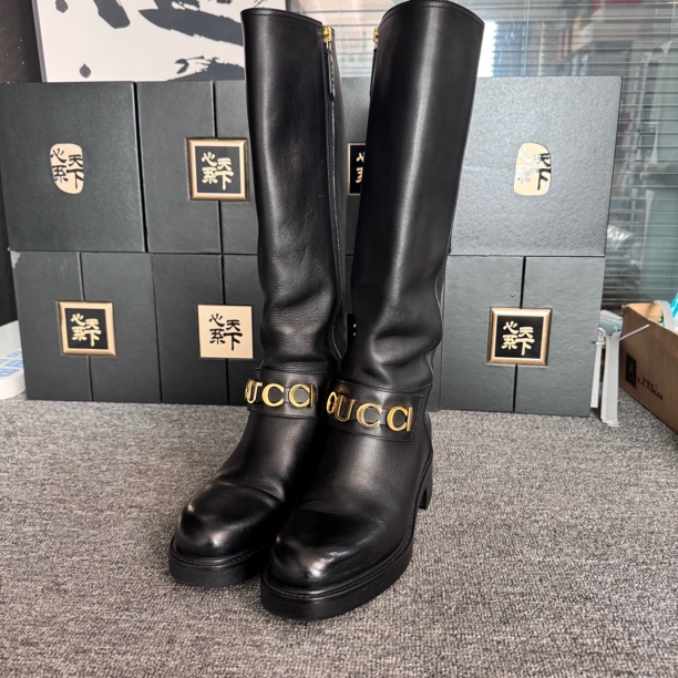 95新 GUCCI/古驰 金色logo长靴37码ysc2722