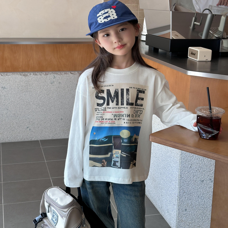女童白色长袖T恤2025秋装新款儿童洋气印花打底衫中大童上衣潮