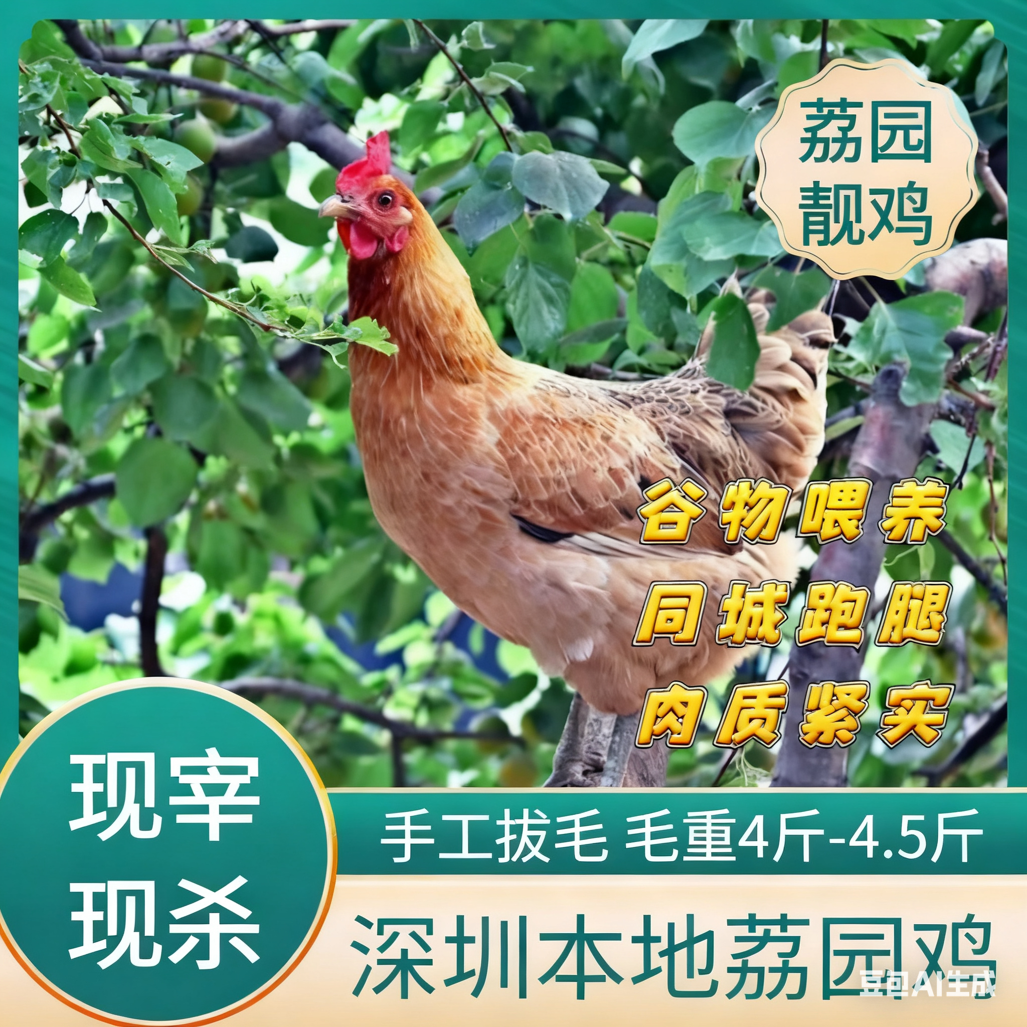 深圳正宗本地农家荔园鸡五谷喂养散养果园三黄鸡现宰现杀同城跑腿1-3小时送达毛重4.0-5斤