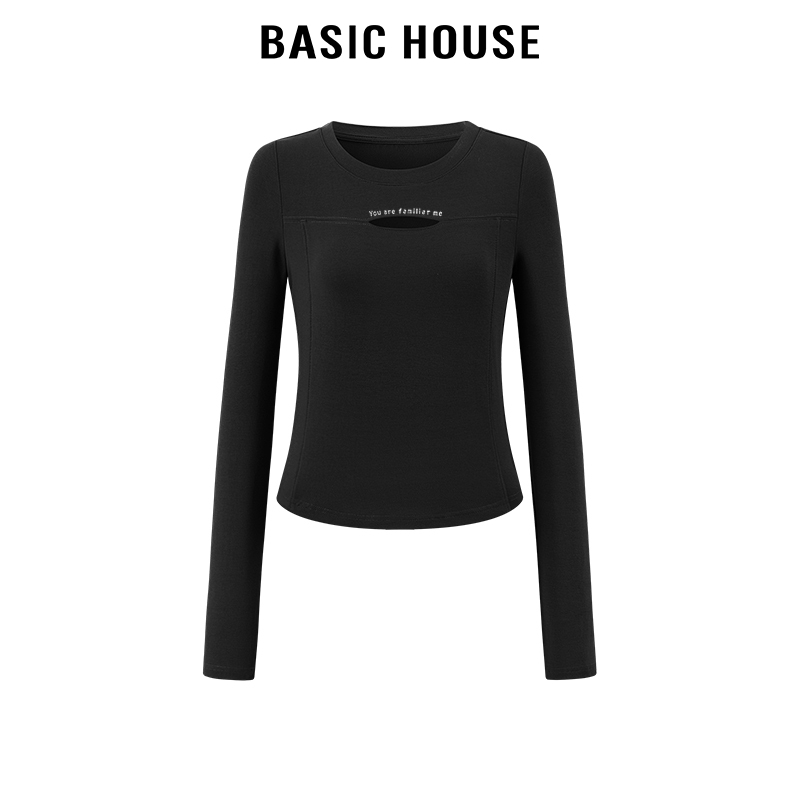 百家好/Basic House字母印花长袖T恤女辣妹修身收腰打底上衣2024