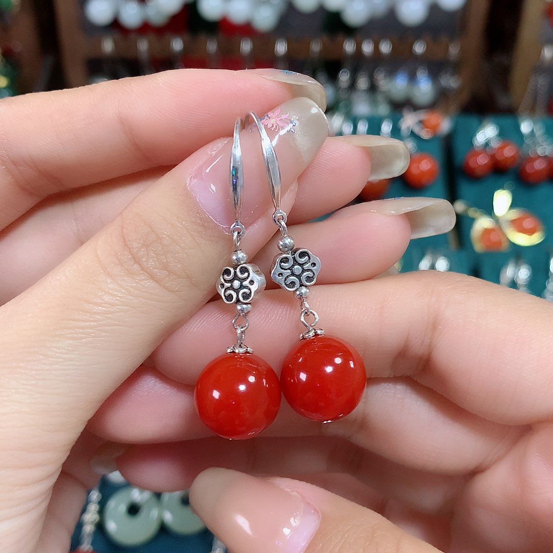 玛瑙/玉髓耳饰银S925镶嵌天然红玛瑙12mm左右（锦红）