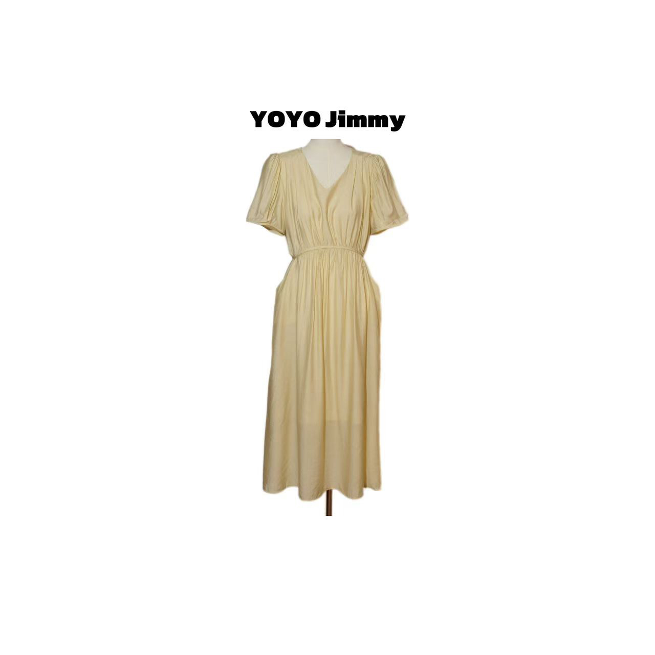 YOYO Q699 夏季短袖收腰V领连衣裙纯色收腰裙子女泡泡袖长裙