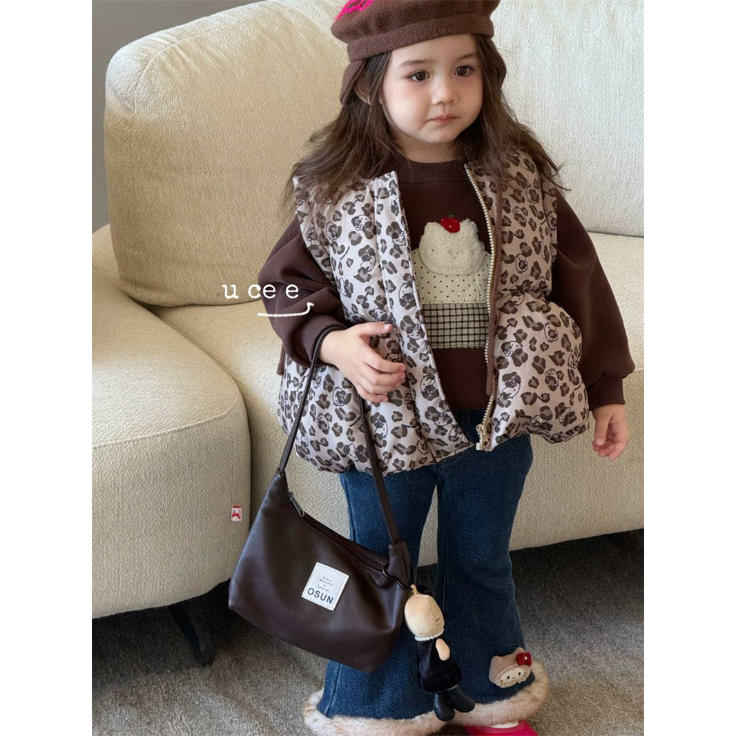 【豹纹KT】女童秋冬装马甲卫衣牛仔裤三件套装衣服童装HB256（汉服）