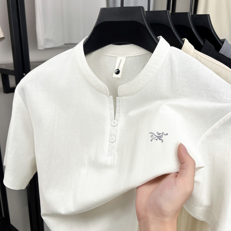 【奥莱撤柜】男士夏季小立领短袖t恤纯色棉麻国风休闲时尚半袖上衣