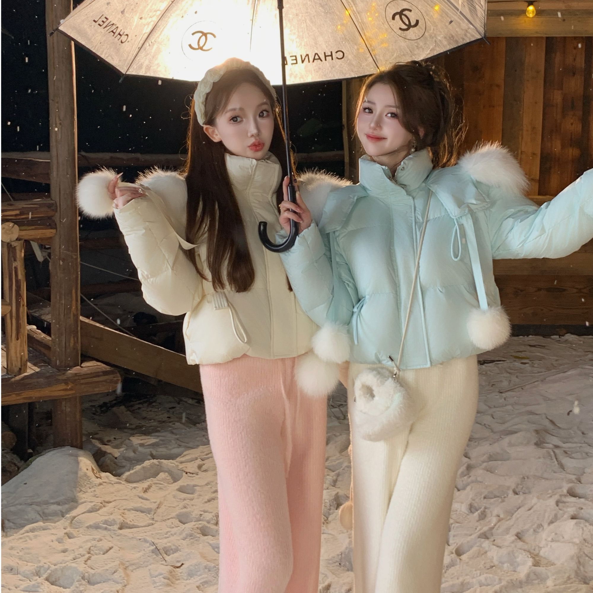 冰冰来了【碧波海盐】少女狐狸毛领连帽短款羽绒服白鸭绒外套26339