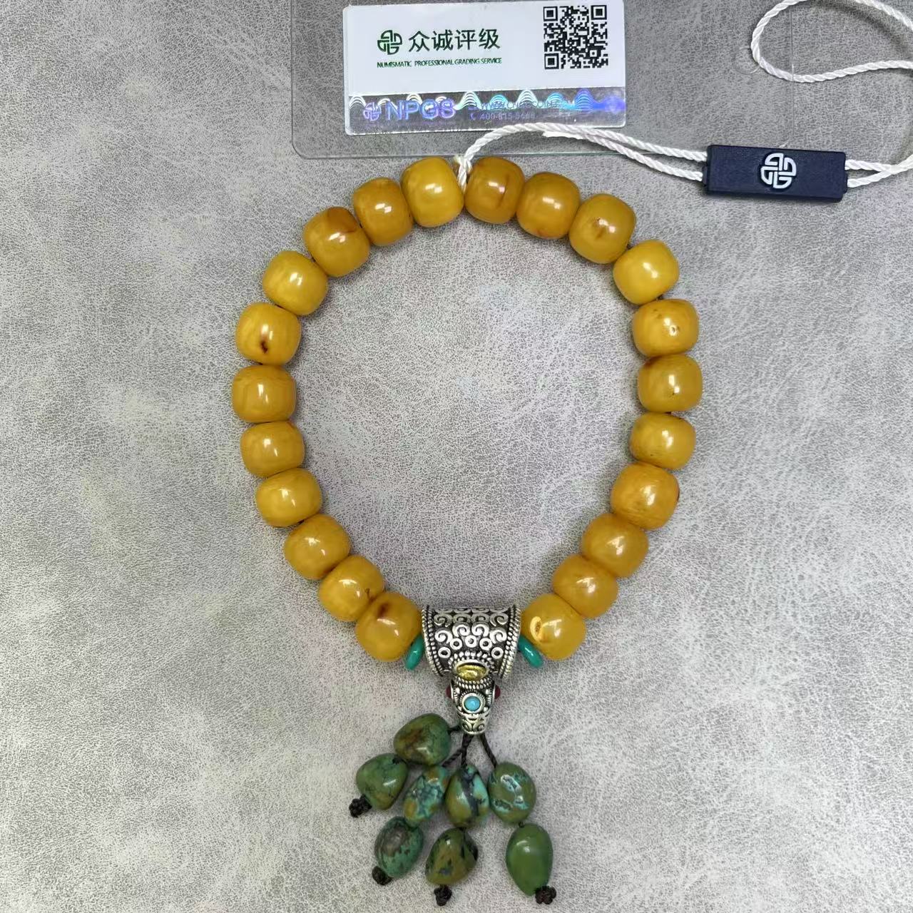 民国时期 老型珠蜜蜡带绿松 手持 YZ0165［燕赵造物司］
