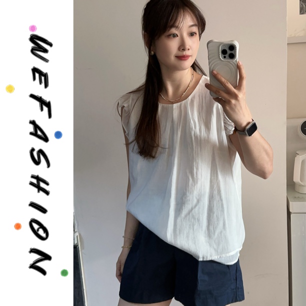 【WE】高级感法式荷叶边小飞袖净色短袖衬衫