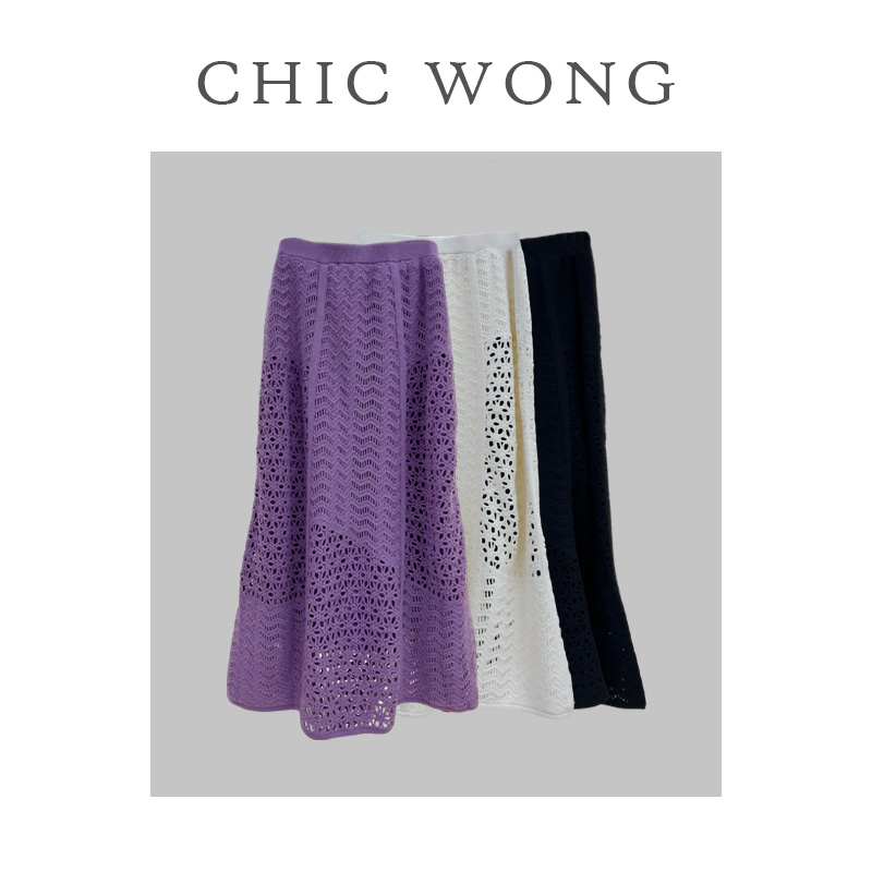 时尚百搭山羊绒勾花镂空紫色半裙YM23070808